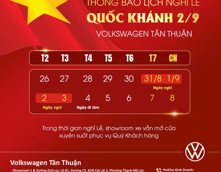 Volkswagen vũng tàu thông báo lịch làm việc dịp lễ quốc khánh 02/09