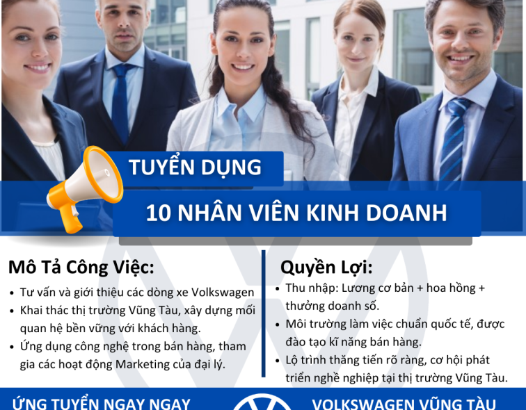 VOLKSWAGEN VŨNG TÀU TUYỂN DỤNG 10 CHUYÊN VIÊN KINH DOANH